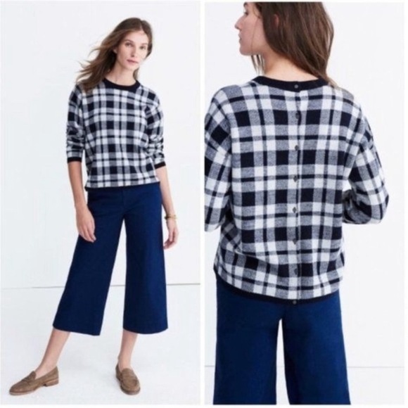 Madewell Blue Cream Plaid Button Back Crewneck Wool Sweater Size M - Picture 1 of 8